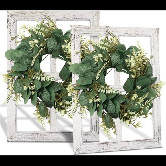 Wall Decor, Window Frame with Wreath, Rustic Window Pane with Green Leaves